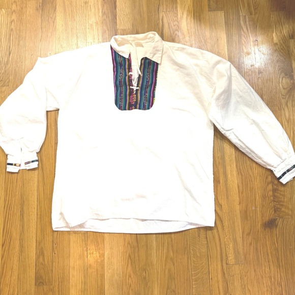 TAINY Other - Vintage Ecuador Cotton Woven Shirt Andean Ethnic Lace Up Unisex Bohemian Sz L